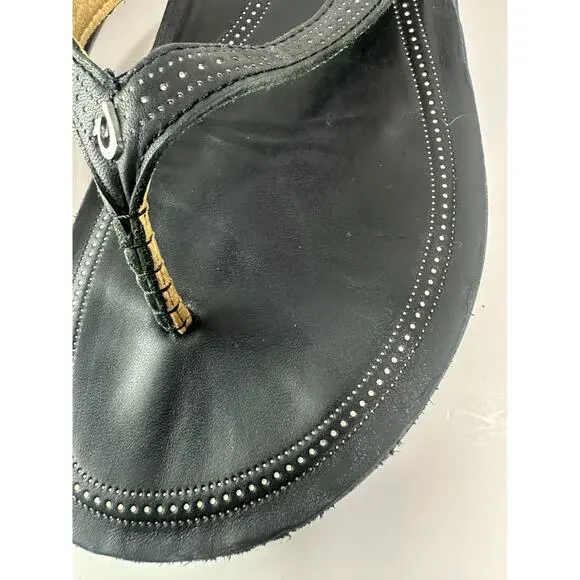 Olukai Ola Full Grain Leather Flip Flops Black Slides Women's Size 10 Sandals - Picture 4 of 14